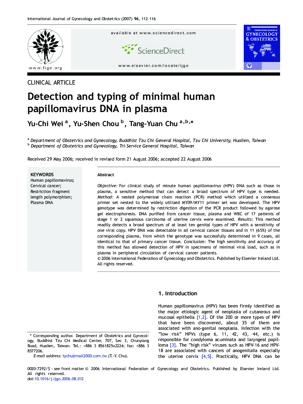 Detection and typing of minimal human papillomavirus DNA in plasma
