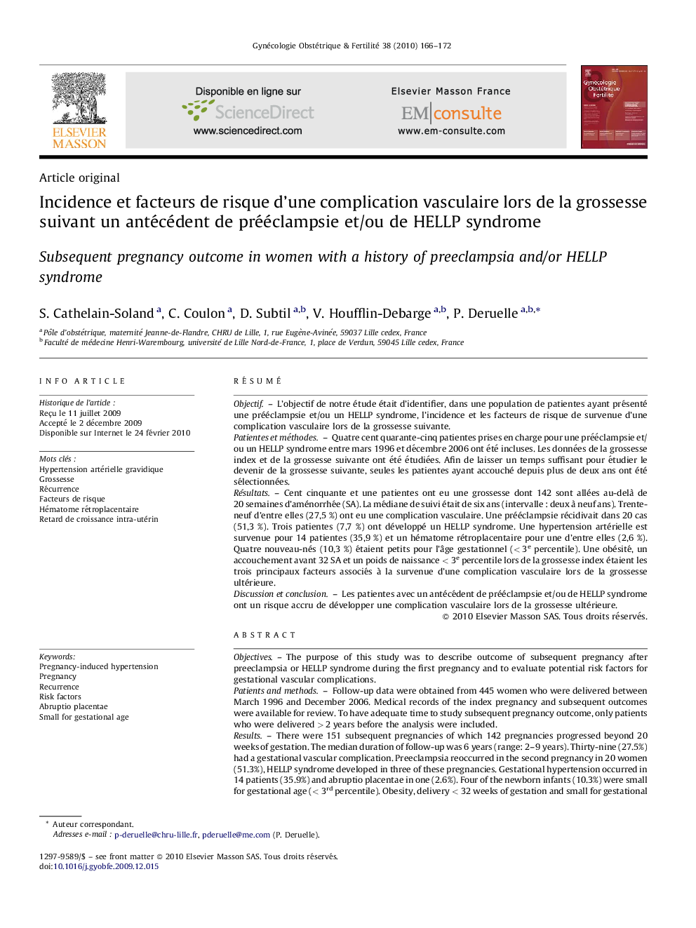 Incidence et facteurs de risque d’une complication vasculaire lors de la grossesse suivant un antécédent de prééclampsie et/ou de HELLP syndrome