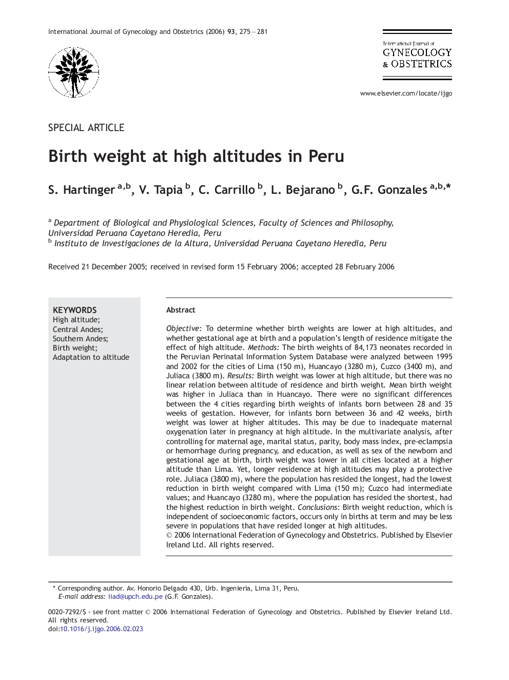 Birth weight at high altitudes in Peru