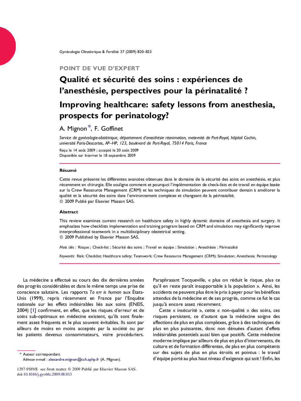 Qualité et sécurité des soins : expériences de l’anesthésie, perspectives pour la périnatalité ?