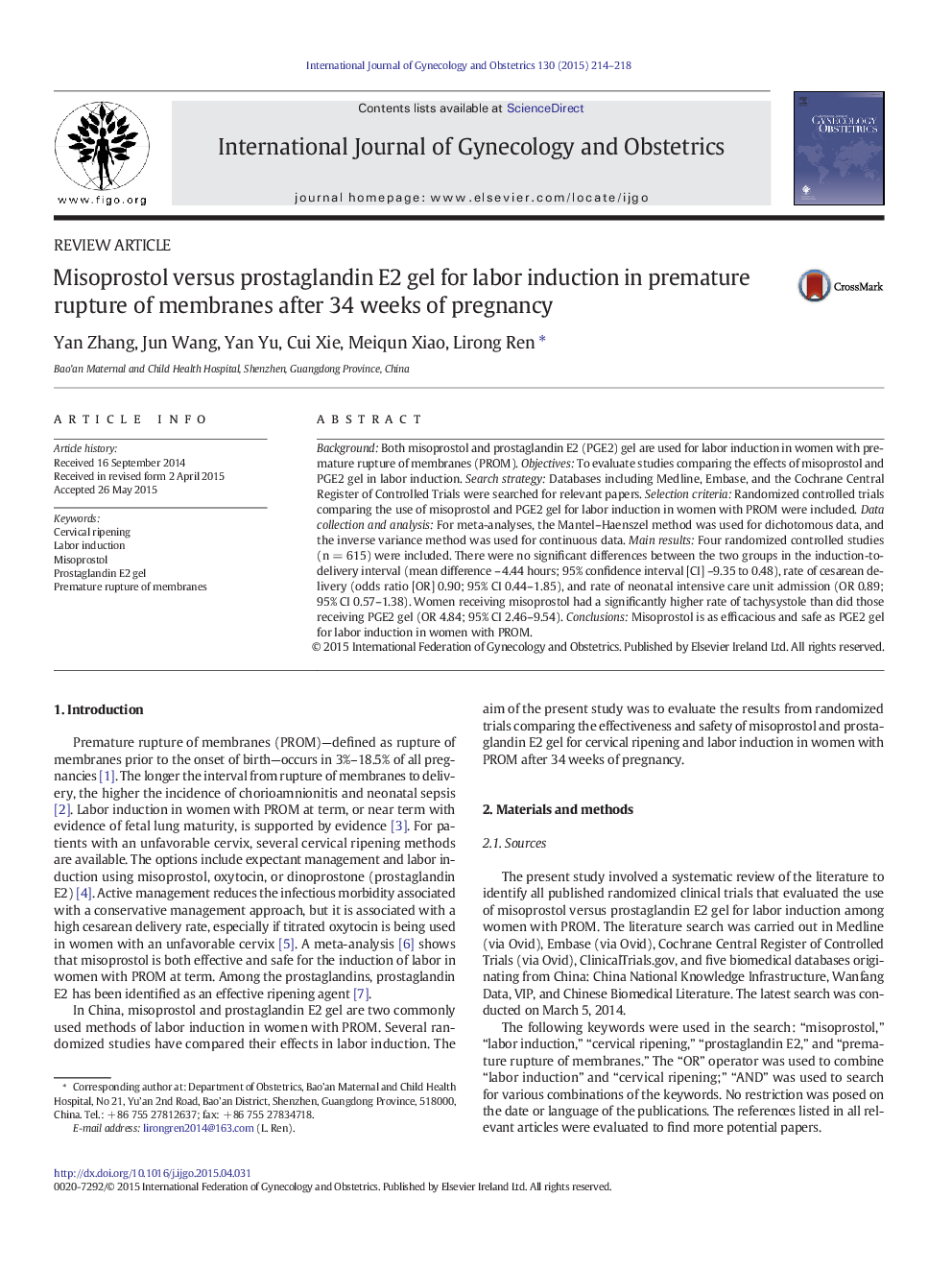 Misoprostol versus prostaglandin E2 gel for labor induction in premature rupture of membranes after 34 weeks of pregnancy