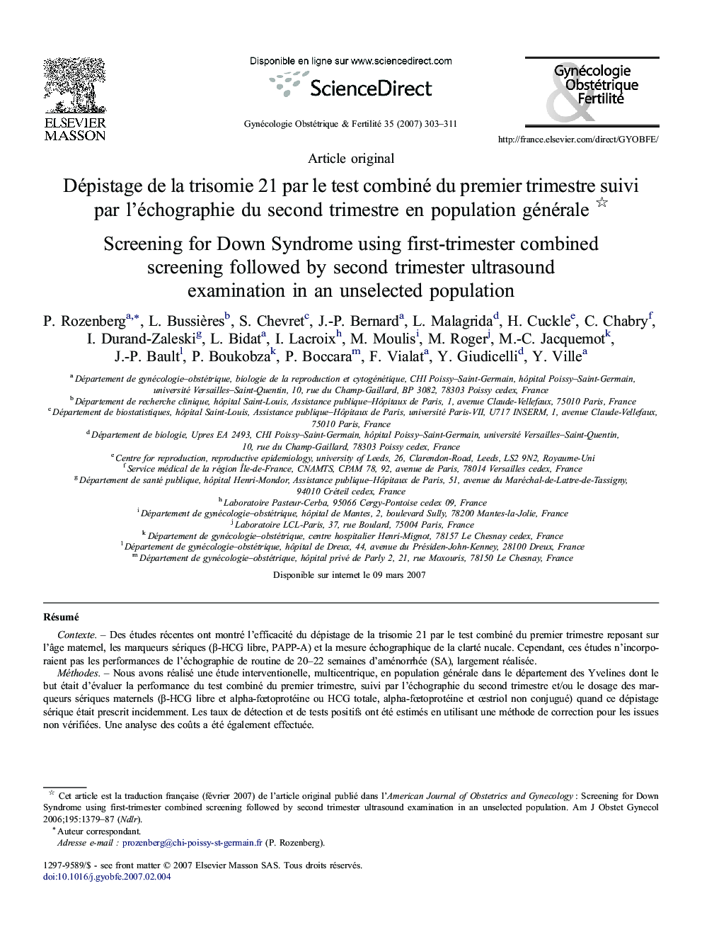 Dépistage de la trisomie 21 par le test combiné du premier trimestre suivi par l'échographie du second trimestre en population générale 