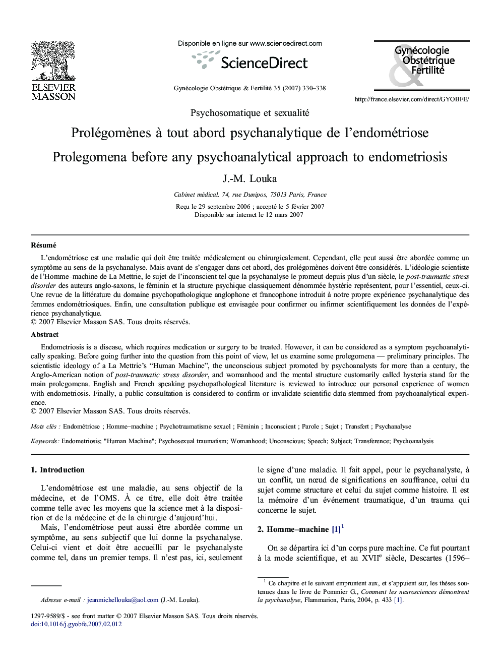 Prolégomènes à tout abord psychanalytique de l'endométriose