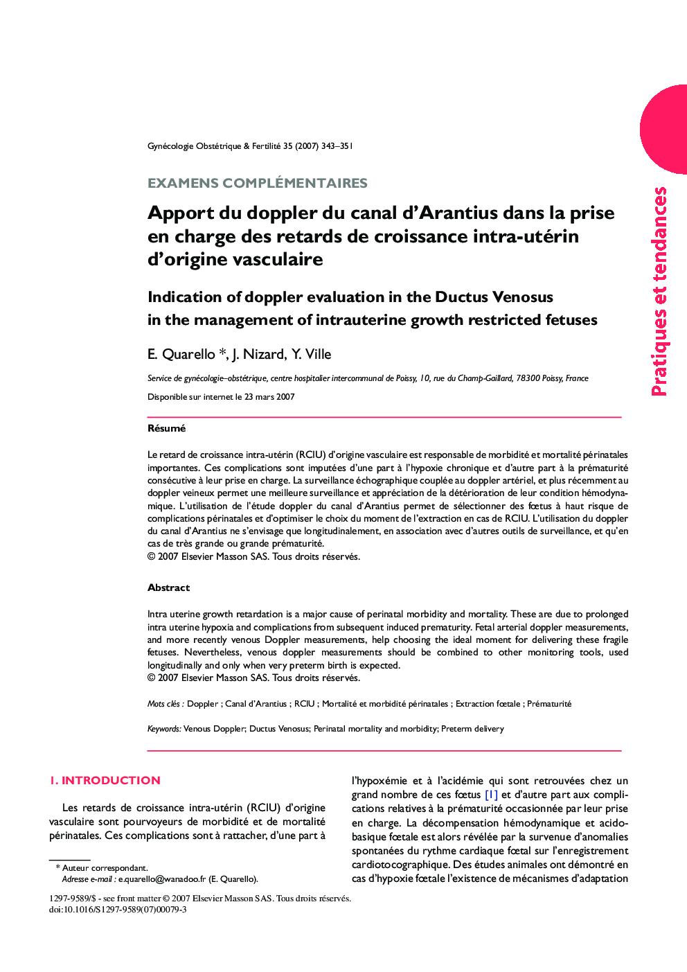 Apport du doppler du canal d'Arantius dans la prise en charge des retards de croissance intra-utérin d'origine vasculaire