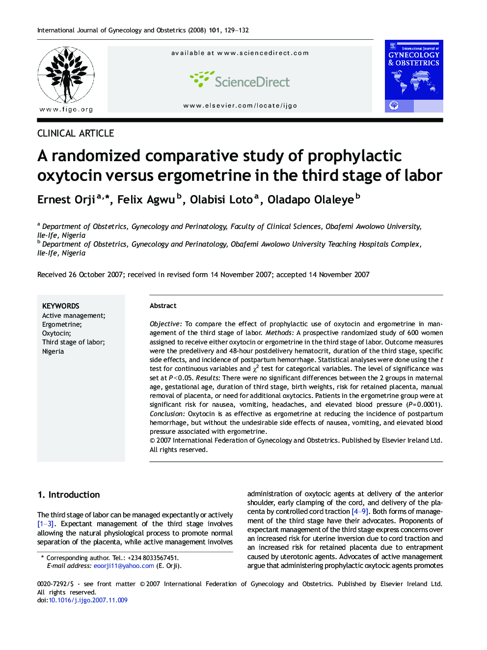 A randomized comparative study of prophylactic oxytocin versus ergometrine in the third stage of labor