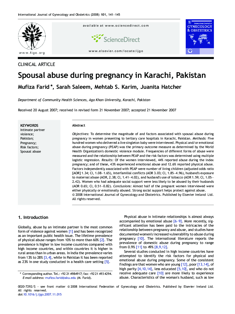 Spousal abuse during pregnancy in Karachi, Pakistan