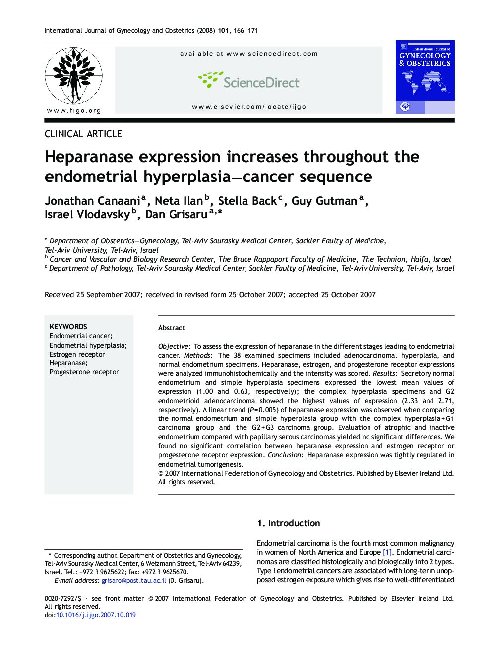 Heparanase expression increases throughout the endometrial hyperplasia–cancer sequence