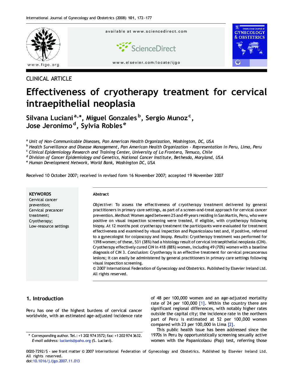 Effectiveness of cryotherapy treatment for cervical intraepithelial neoplasia