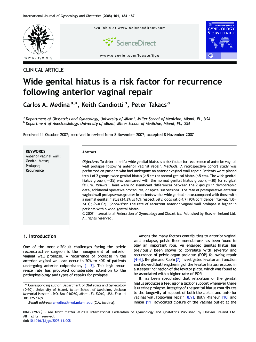 Wide genital hiatus is a risk factor for recurrence following anterior vaginal repair