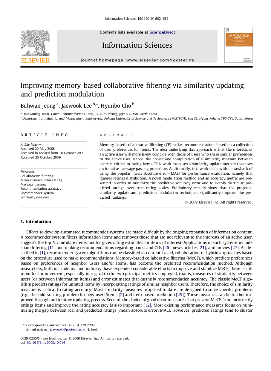 Improving memory-based collaborative filtering via similarity updating and prediction modulation