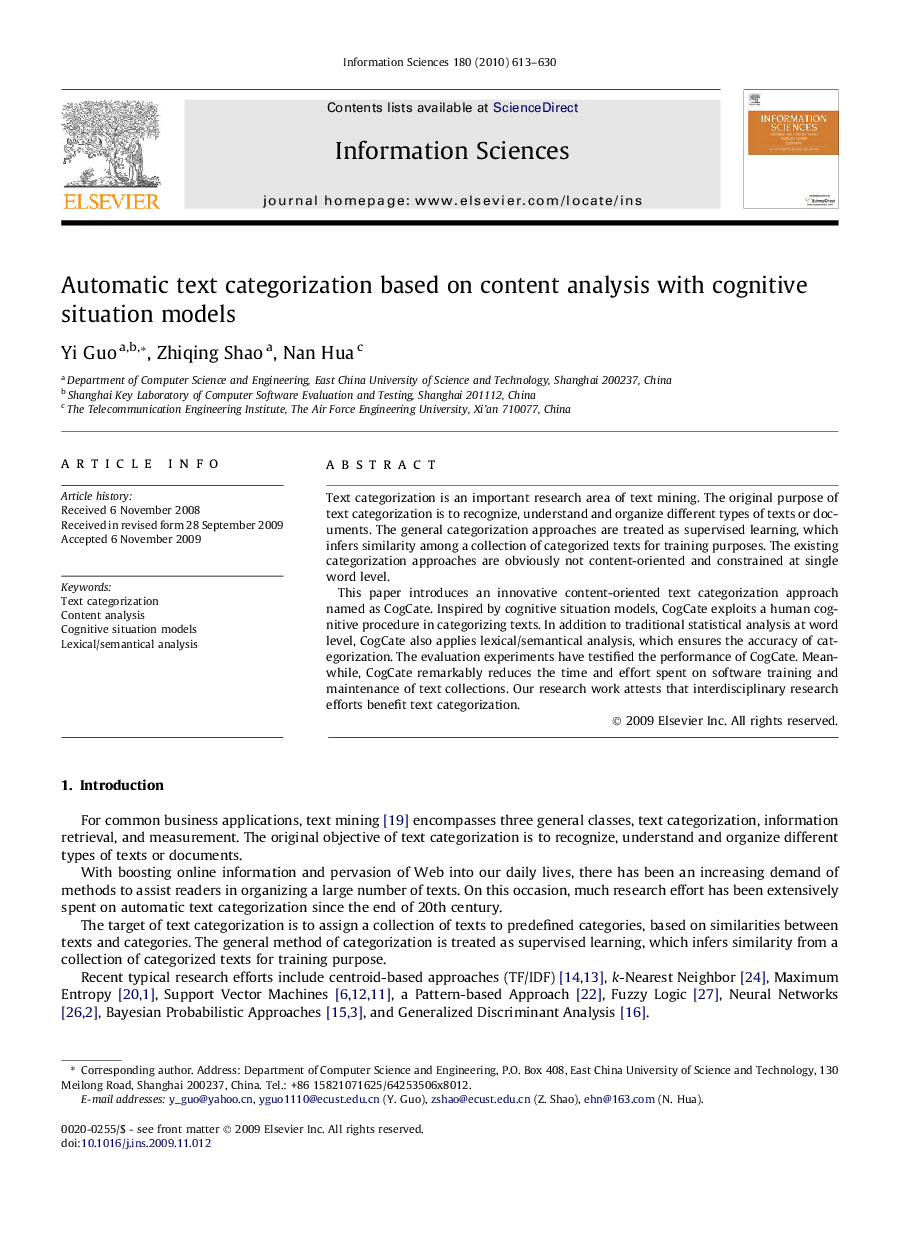 Automatic text categorization based on content analysis with cognitive situation models