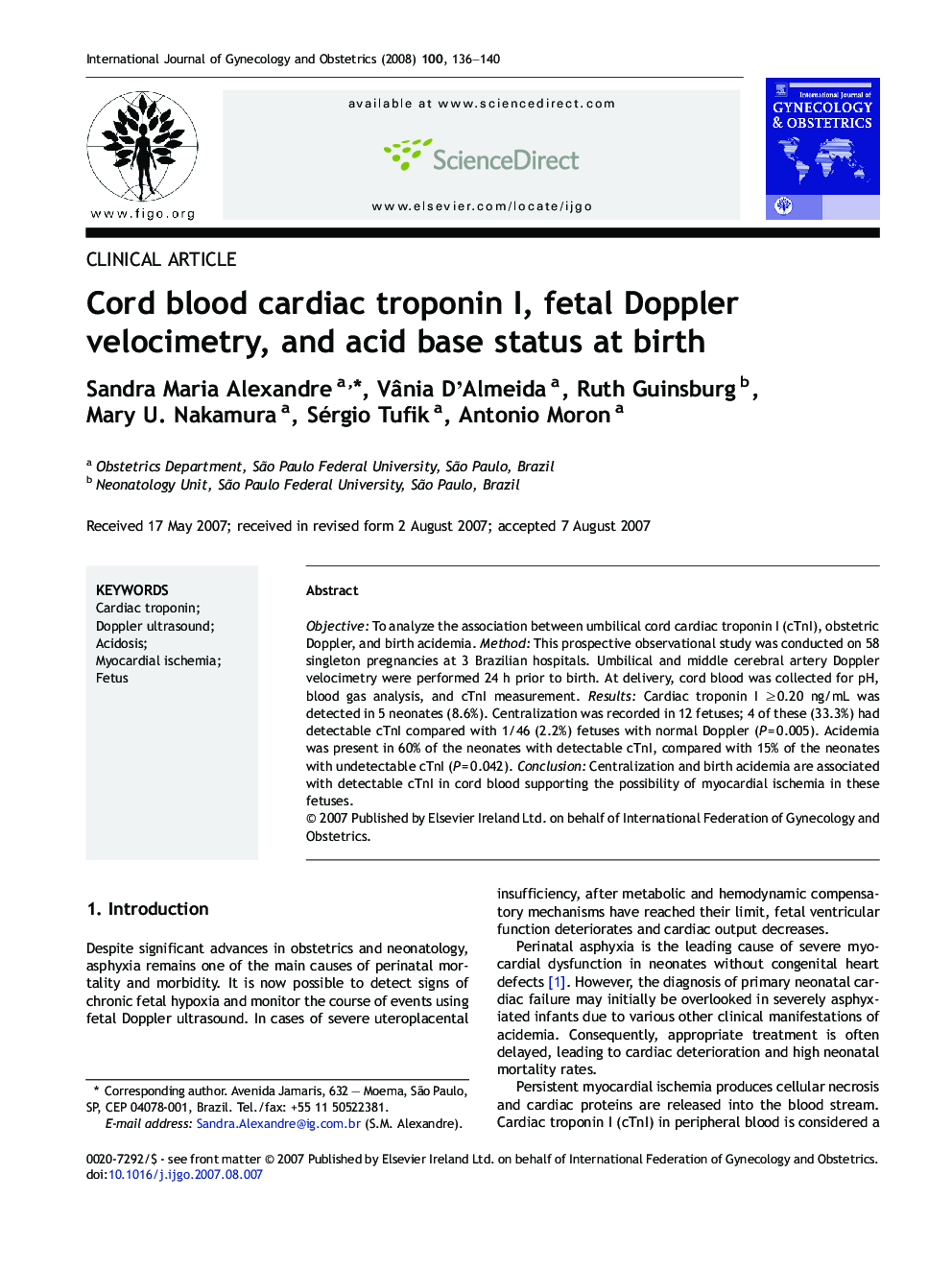 Cord blood cardiac troponin I, fetal Doppler velocimetry, and acid base status at birth