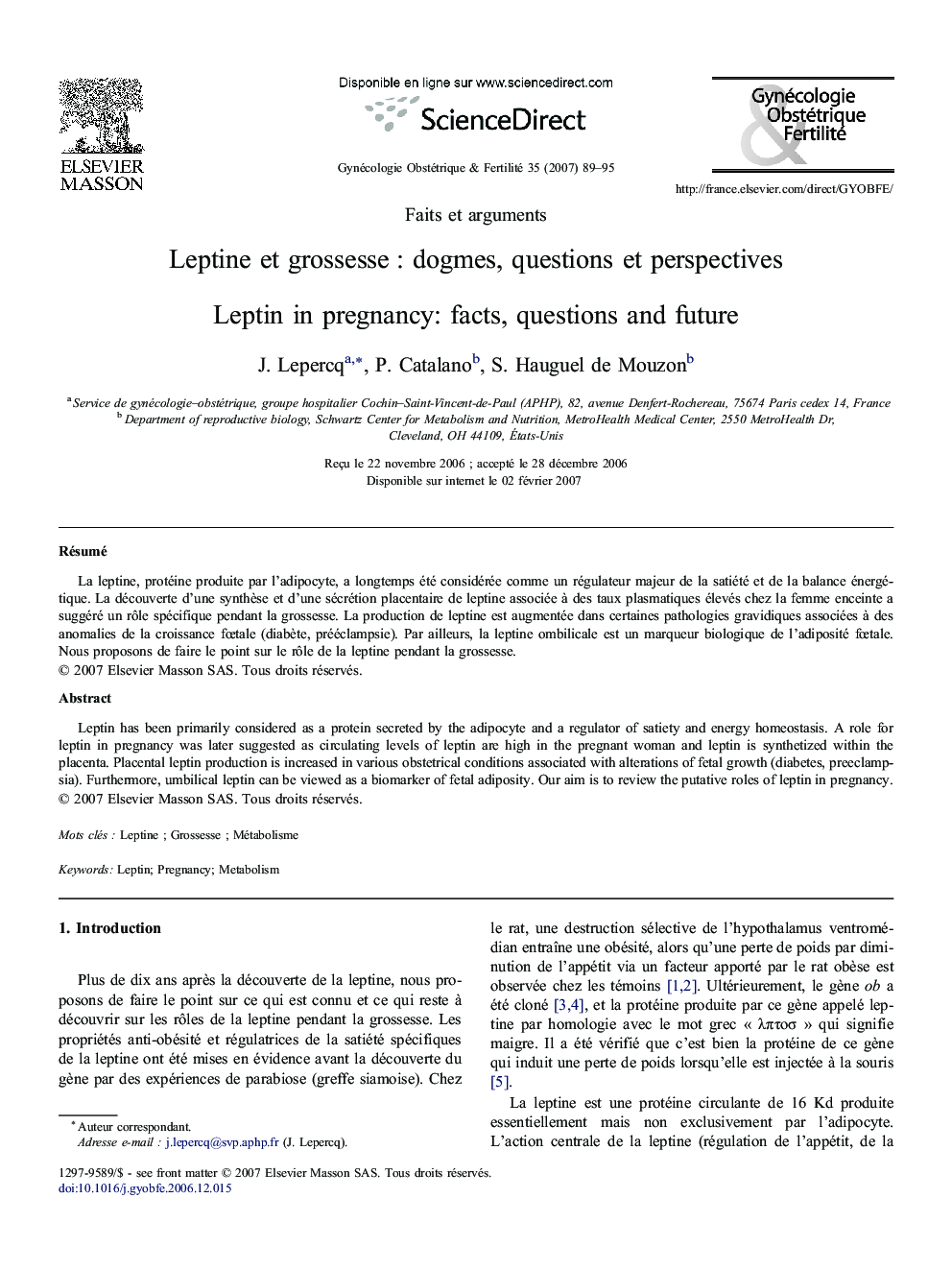 Leptine et grossesse : dogmes, questions et perspectives