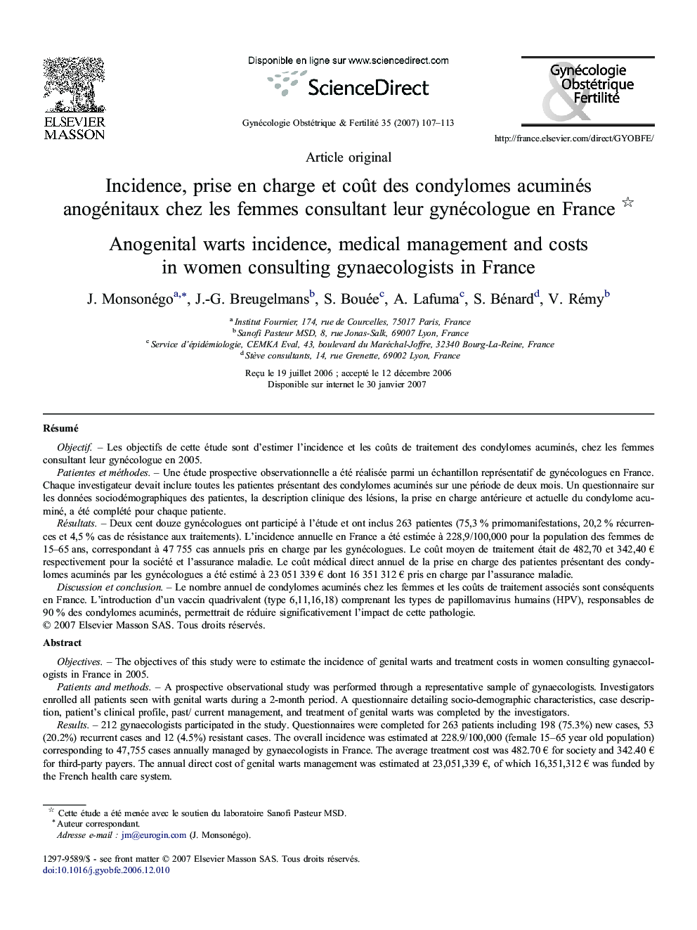 Incidence, prise en charge et coût des condylomes acuminés anogénitaux chez les femmes consultant leur gynécologue en France 