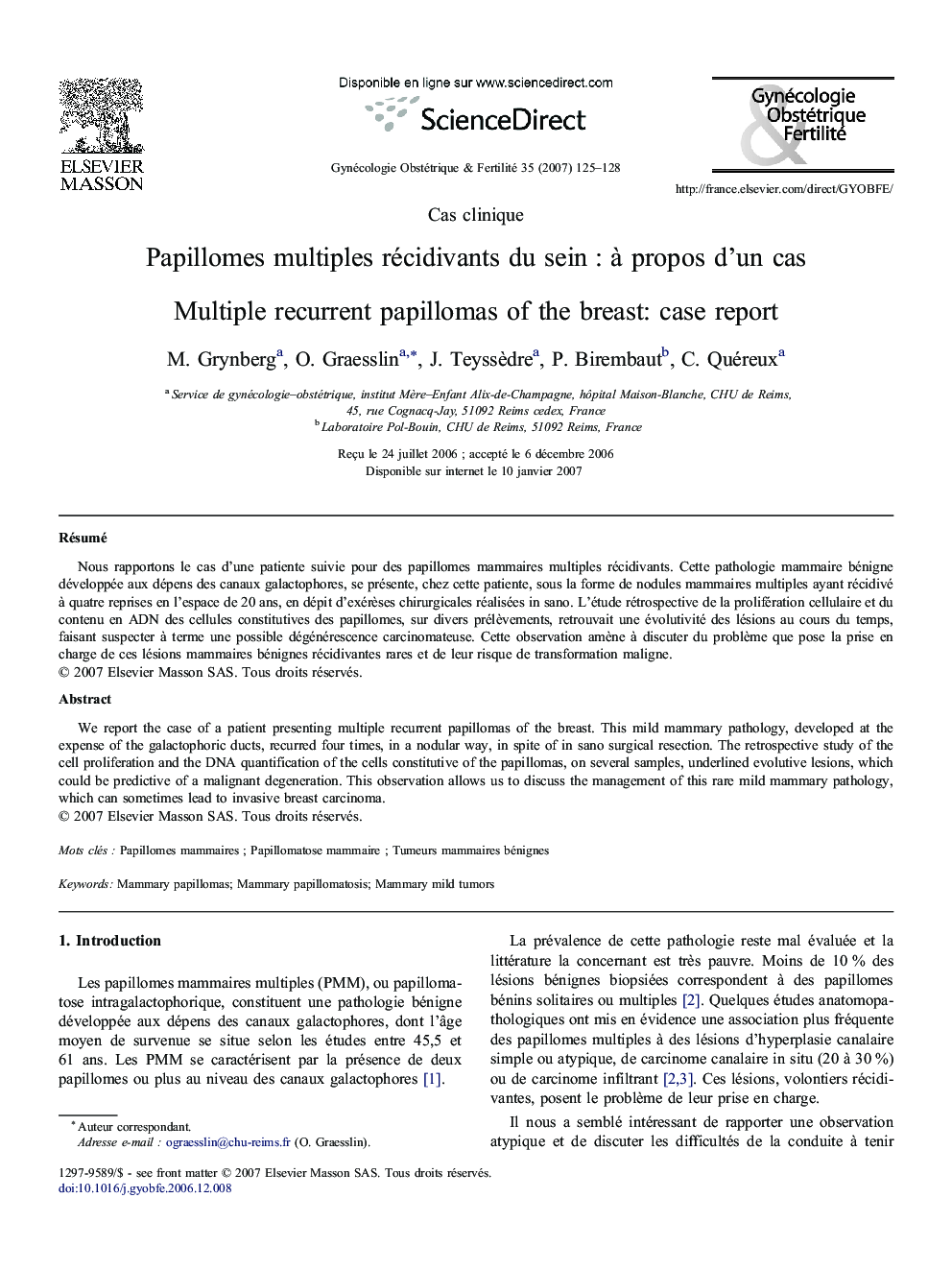 Papillomes multiples récidivants du sein : à propos d'un cas