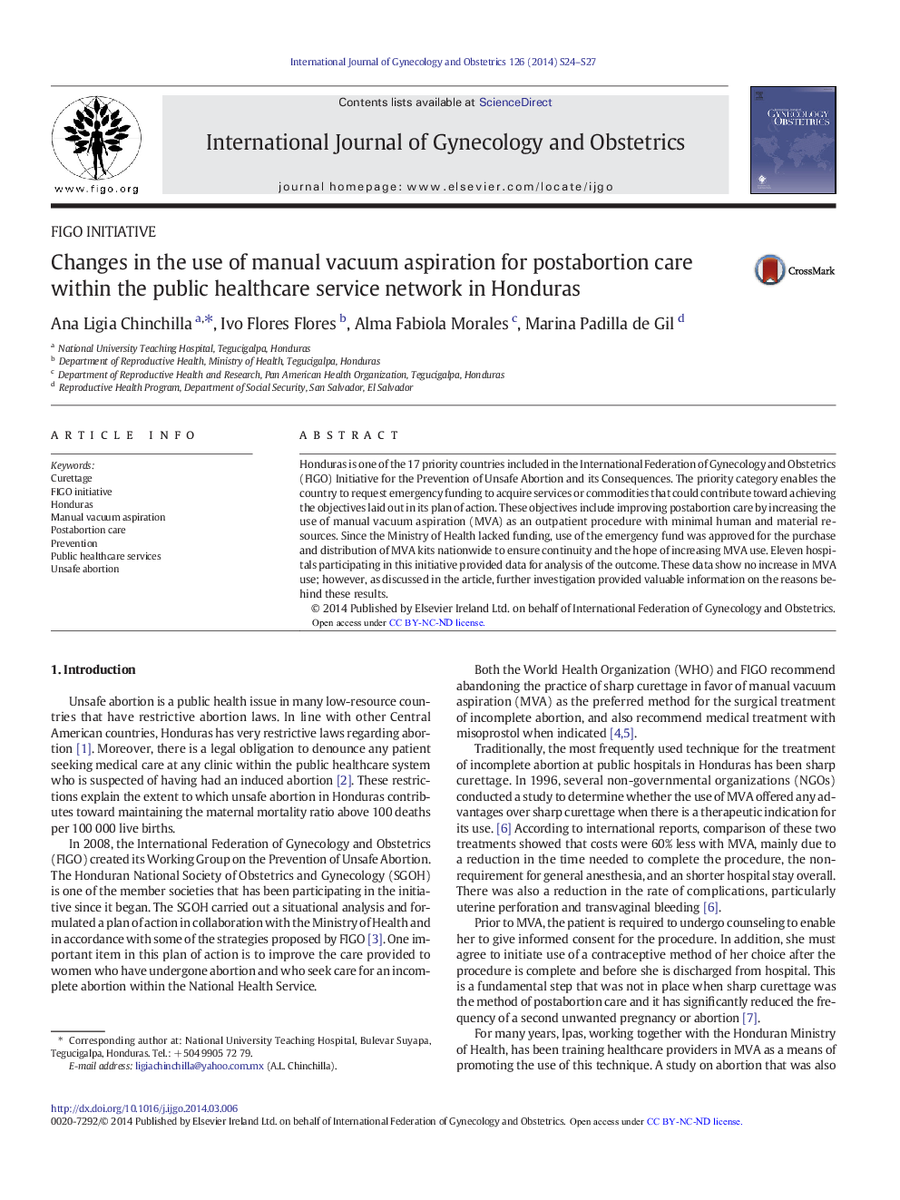 Changes in the use of manual vacuum aspiration for postabortion care within the public healthcare service network in Honduras