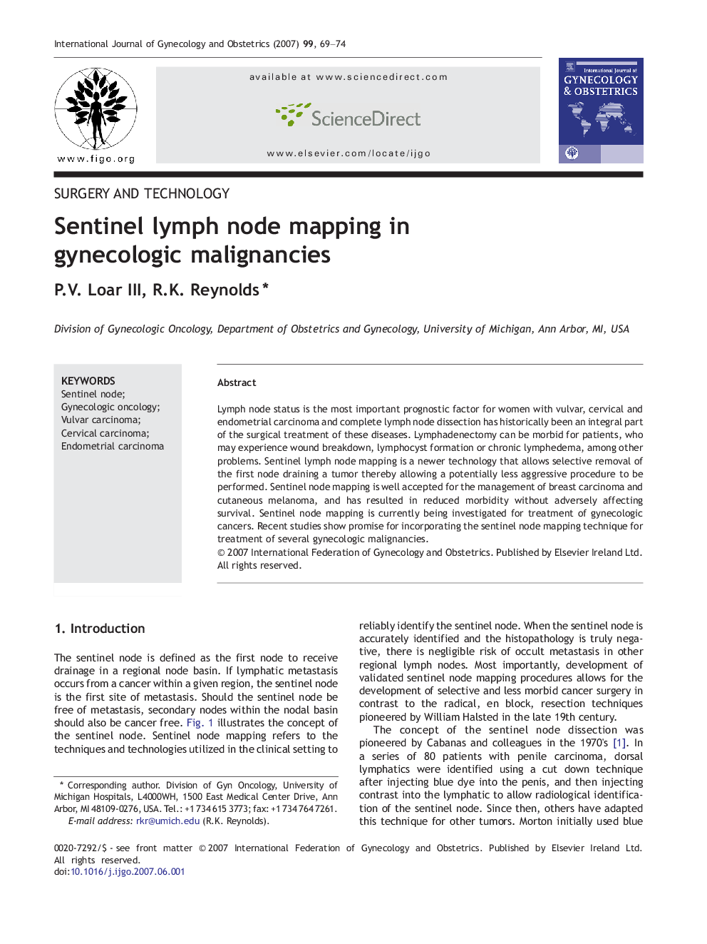 Sentinel lymph node mapping in gynecologic malignancies