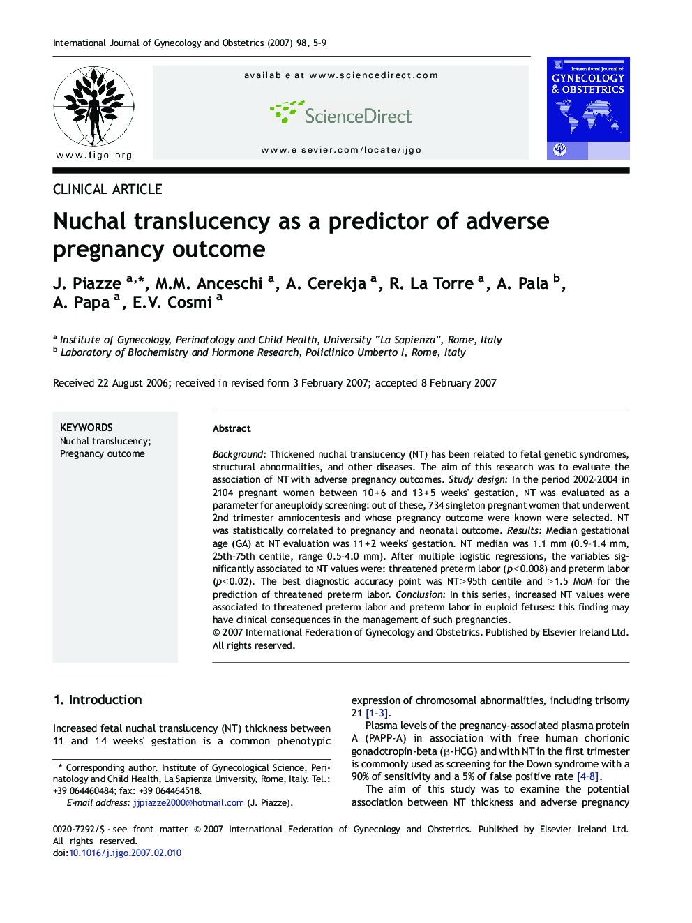 Nuchal translucency as a predictor of adverse pregnancy outcome
