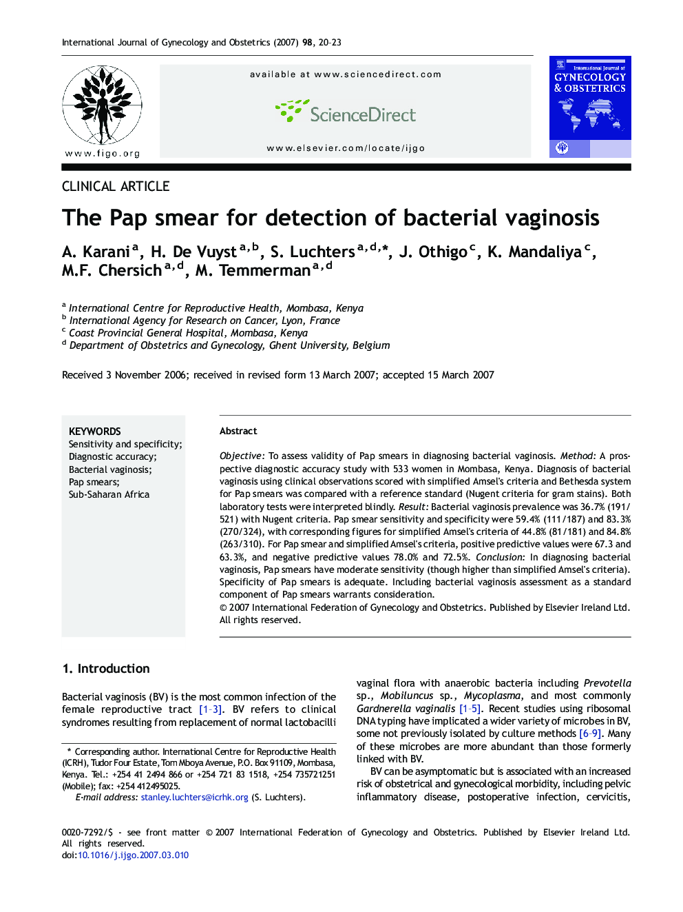 The Pap smear for detection of bacterial vaginosis