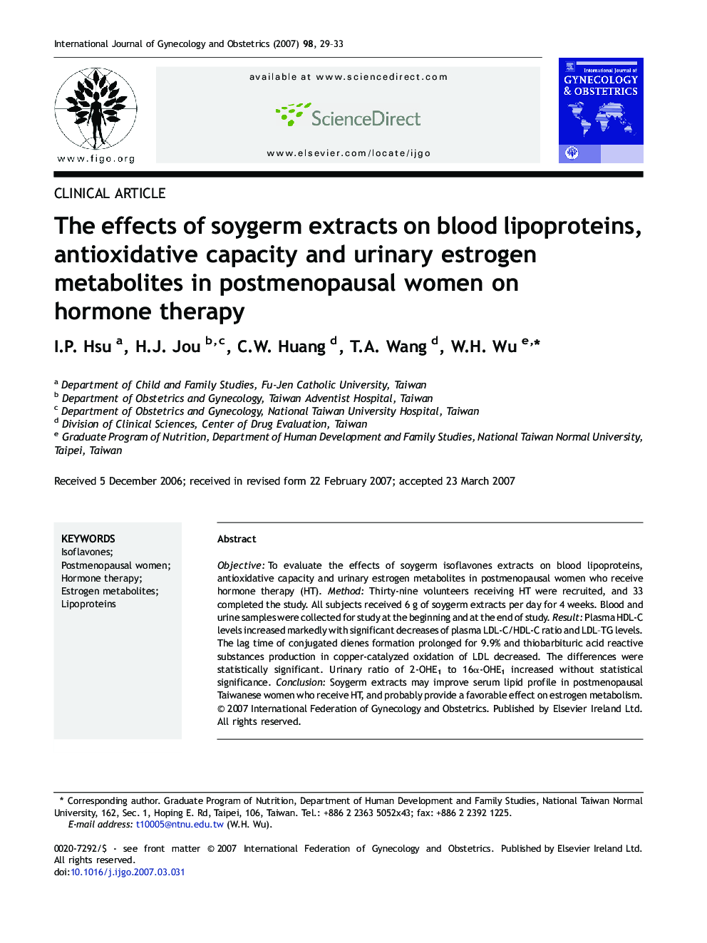 The effects of soygerm extracts on blood lipoproteins, antioxidative capacity and urinary estrogen metabolites in postmenopausal women on hormone therapy