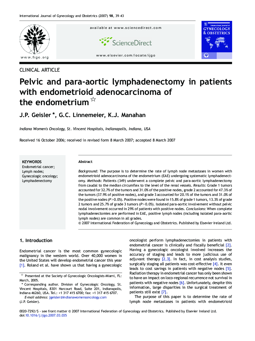 Pelvic and para-aortic lymphadenectomy in patients with endometrioid adenocarcinoma of the endometrium