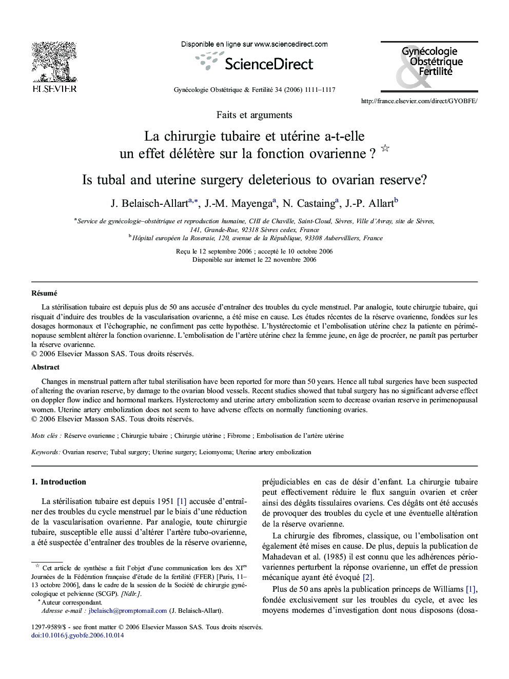 La chirurgie tubaire et utérine a-t-elle un effet délétère sur la fonction ovarienne ? 