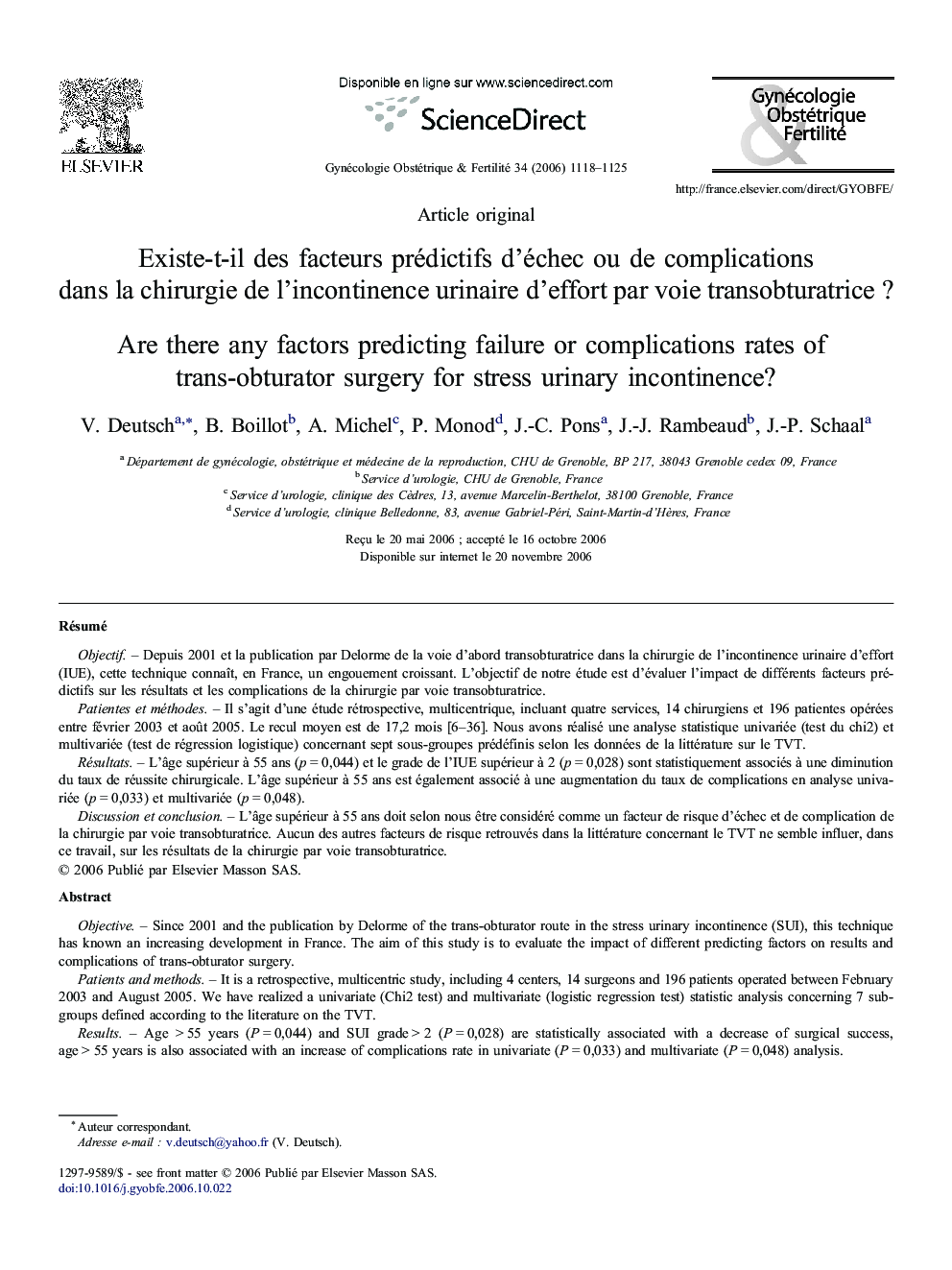 Existe-t-il des facteurs prédictifs d'échec ou de complications dans la chirurgie de l'incontinence urinaire d'effort par voie transobturatrice ?