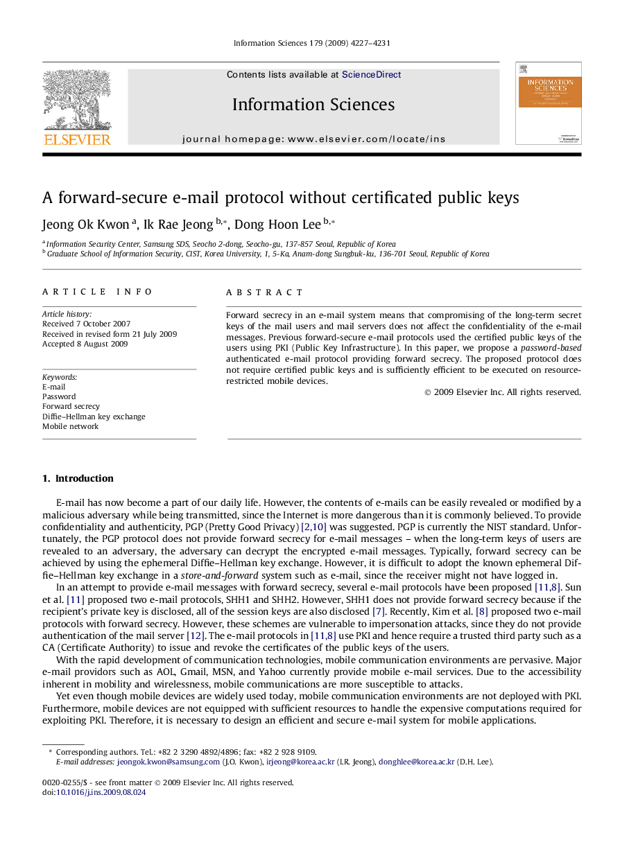 A forward-secure e-mail protocol without certificated public keys