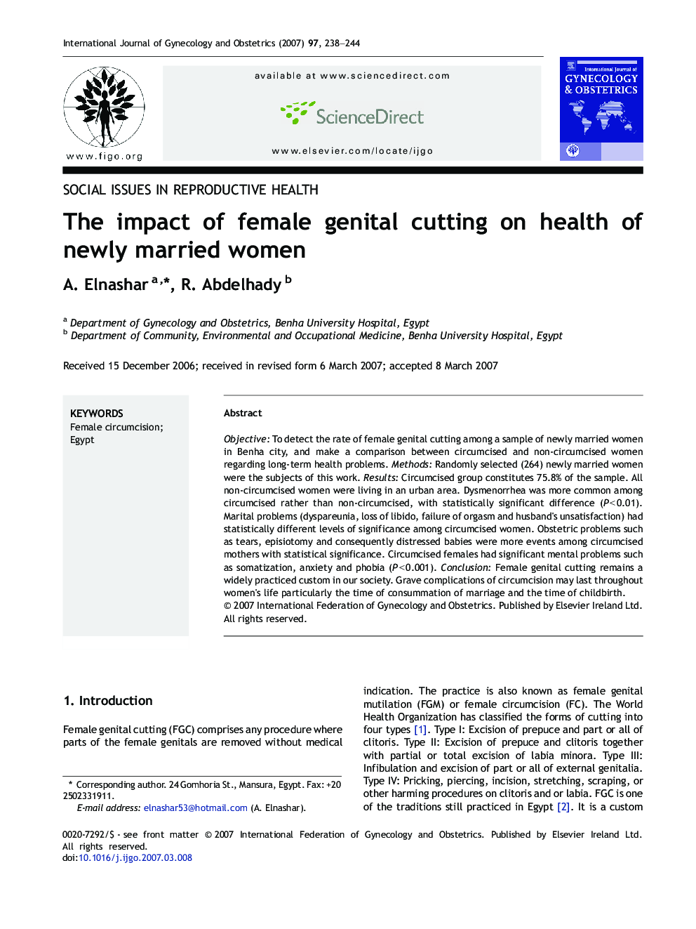 The impact of female genital cutting on health of newly married women