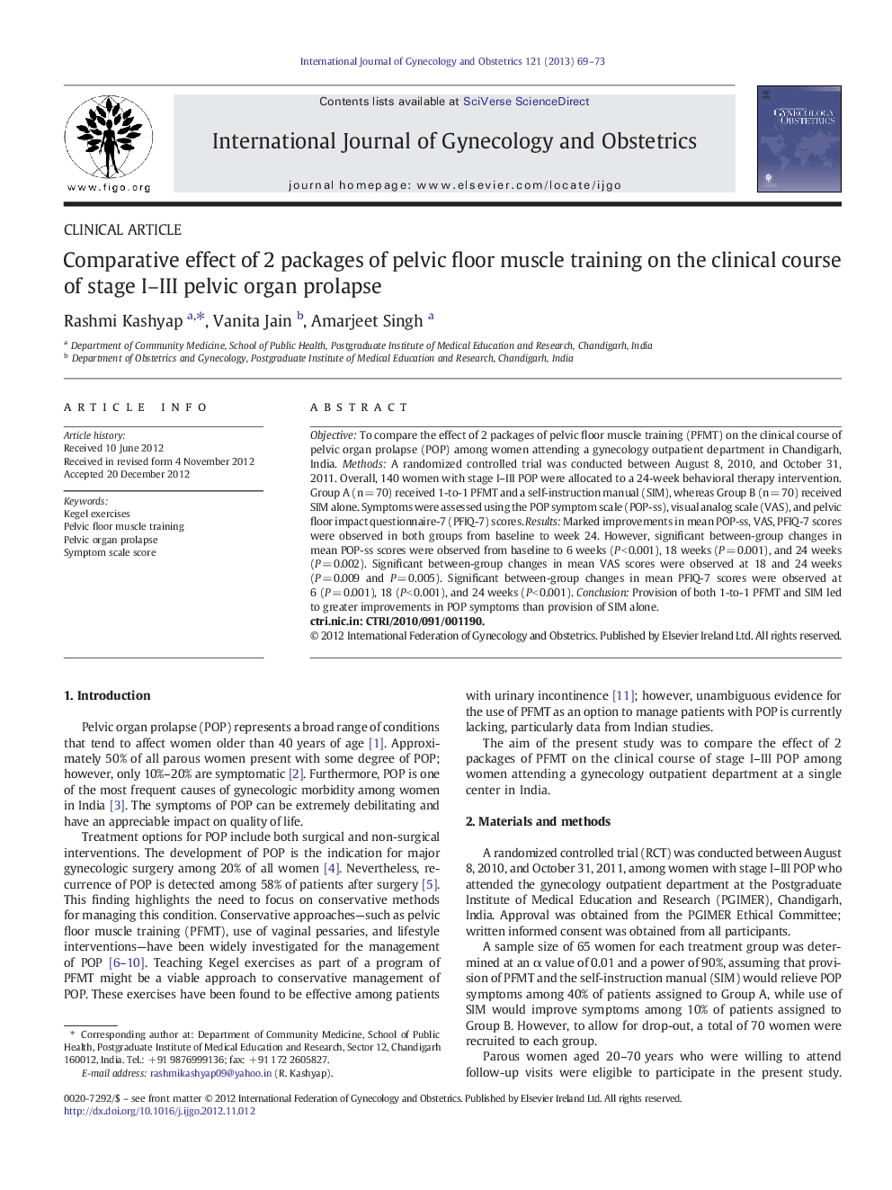 Comparative effect of 2 packages of pelvic floor muscle training on the clinical course of stage I–III pelvic organ prolapse