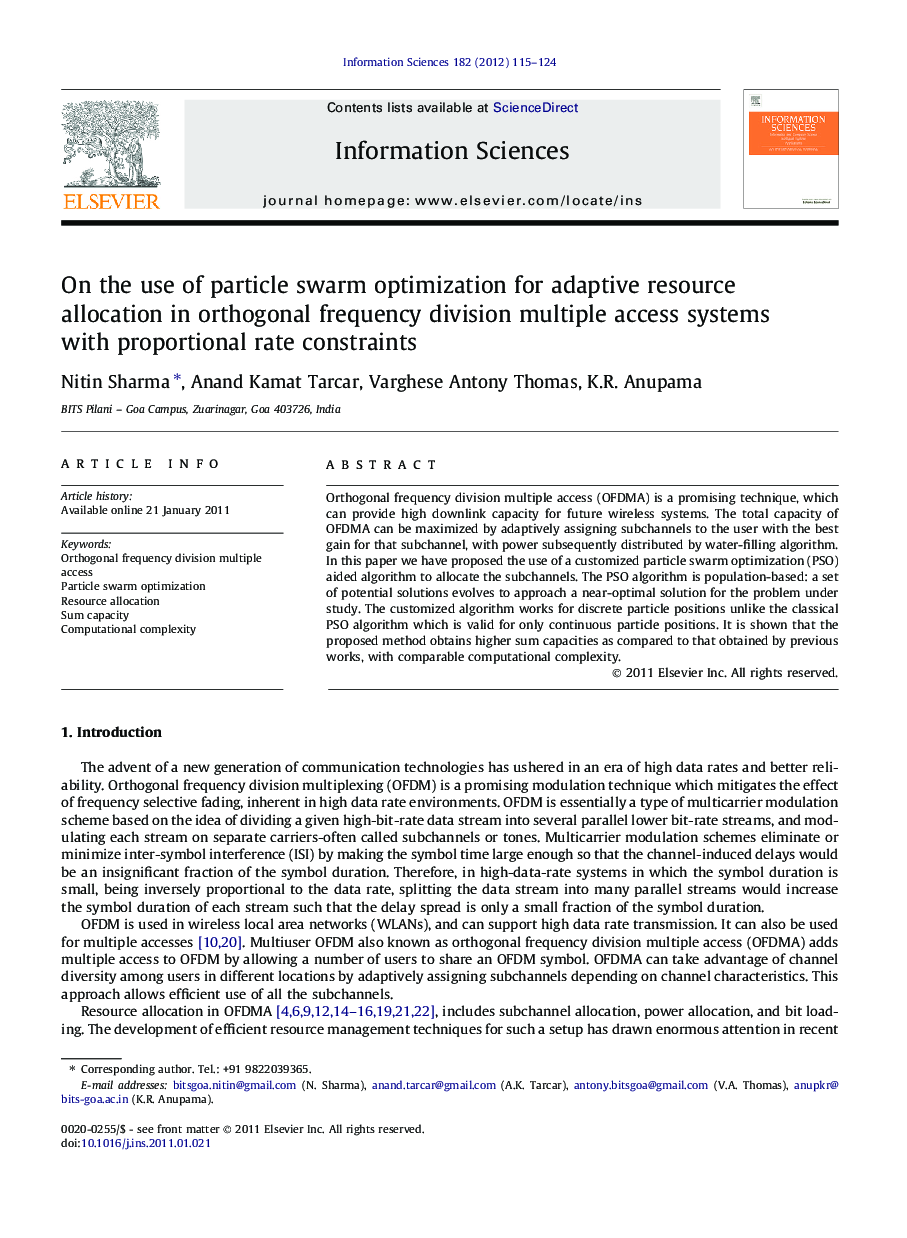 On the use of particle swarm optimization for adaptive resource allocation in orthogonal frequency division multiple access systems with proportional rate constraints