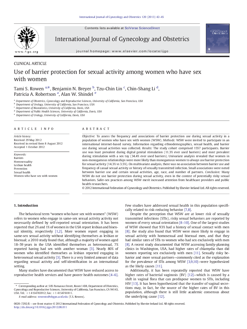 Use of barrier protection for sexual activity among women who have sex with women