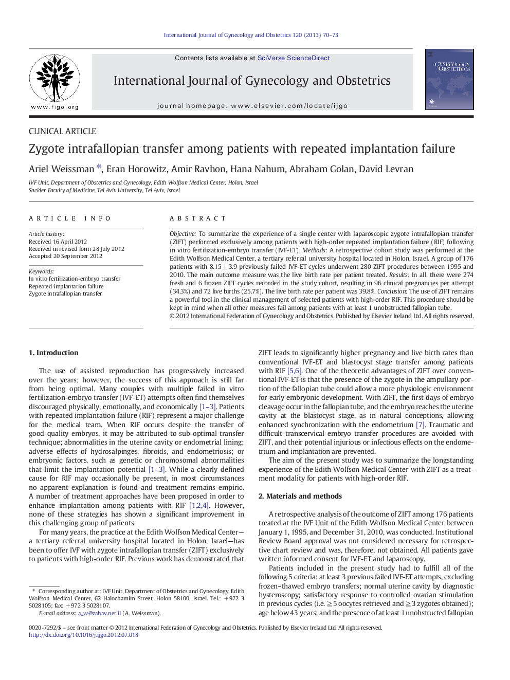 Zygote intrafallopian transfer among patients with repeated implantation failure