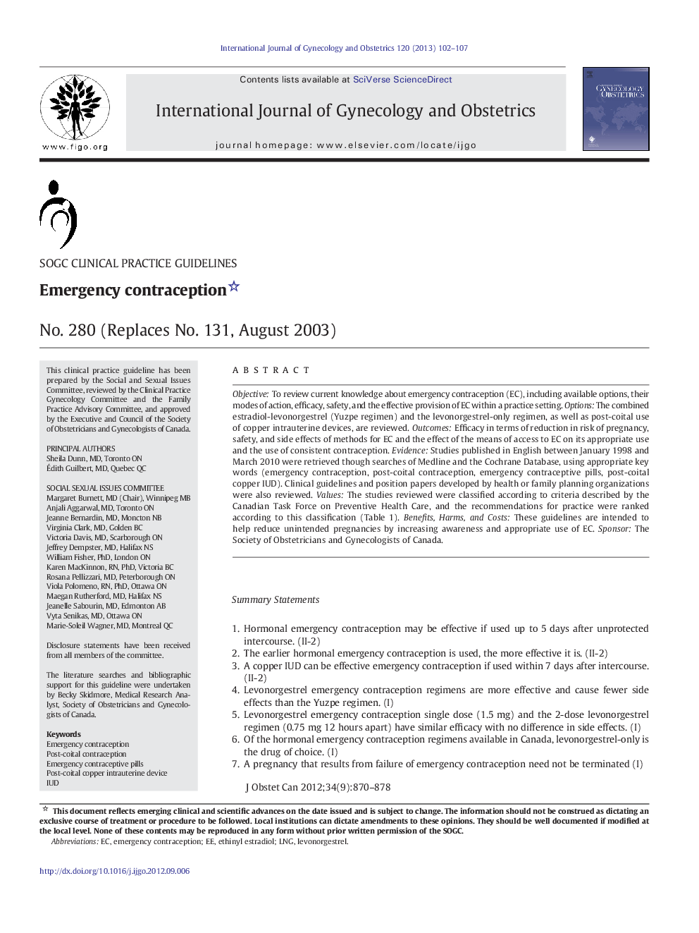 Emergency contraception: No. 280 (Replaces No. 131, August 2003) 