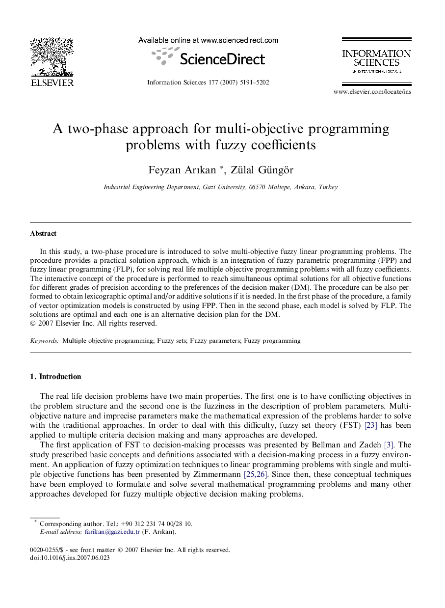 A two-phase approach for multi-objective programming problems with fuzzy coefficients