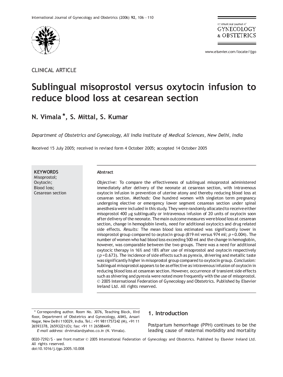Sublingual misoprostol versus oxytocin infusion to reduce blood loss at cesarean section