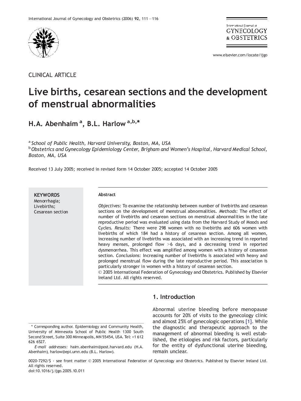 Live births, cesarean sections and the development of menstrual abnormalities