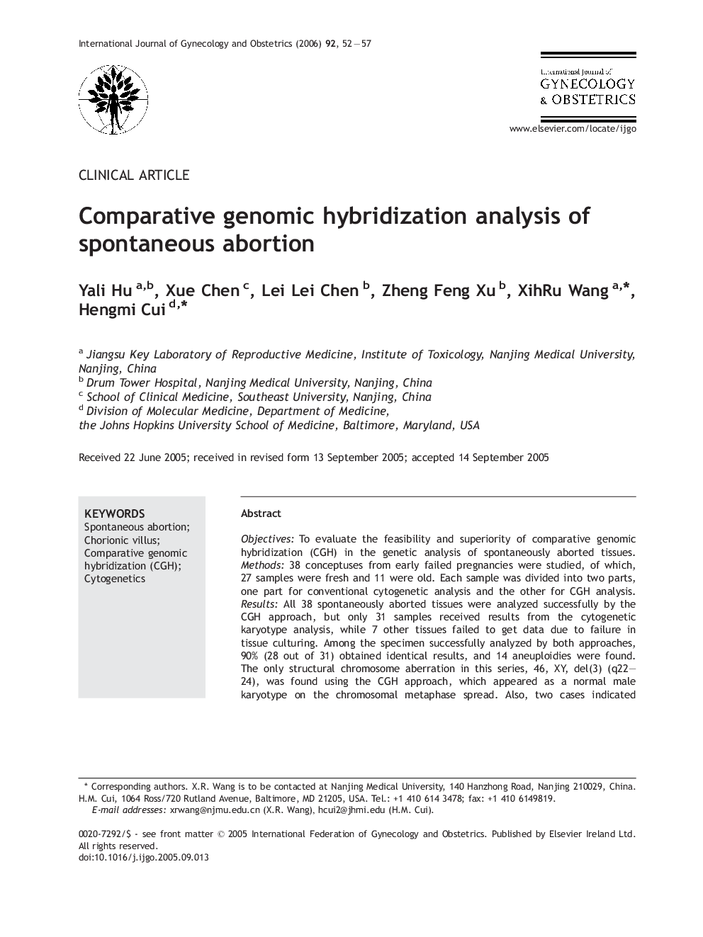 Comparative genomic hybridization analysis of spontaneous abortion
