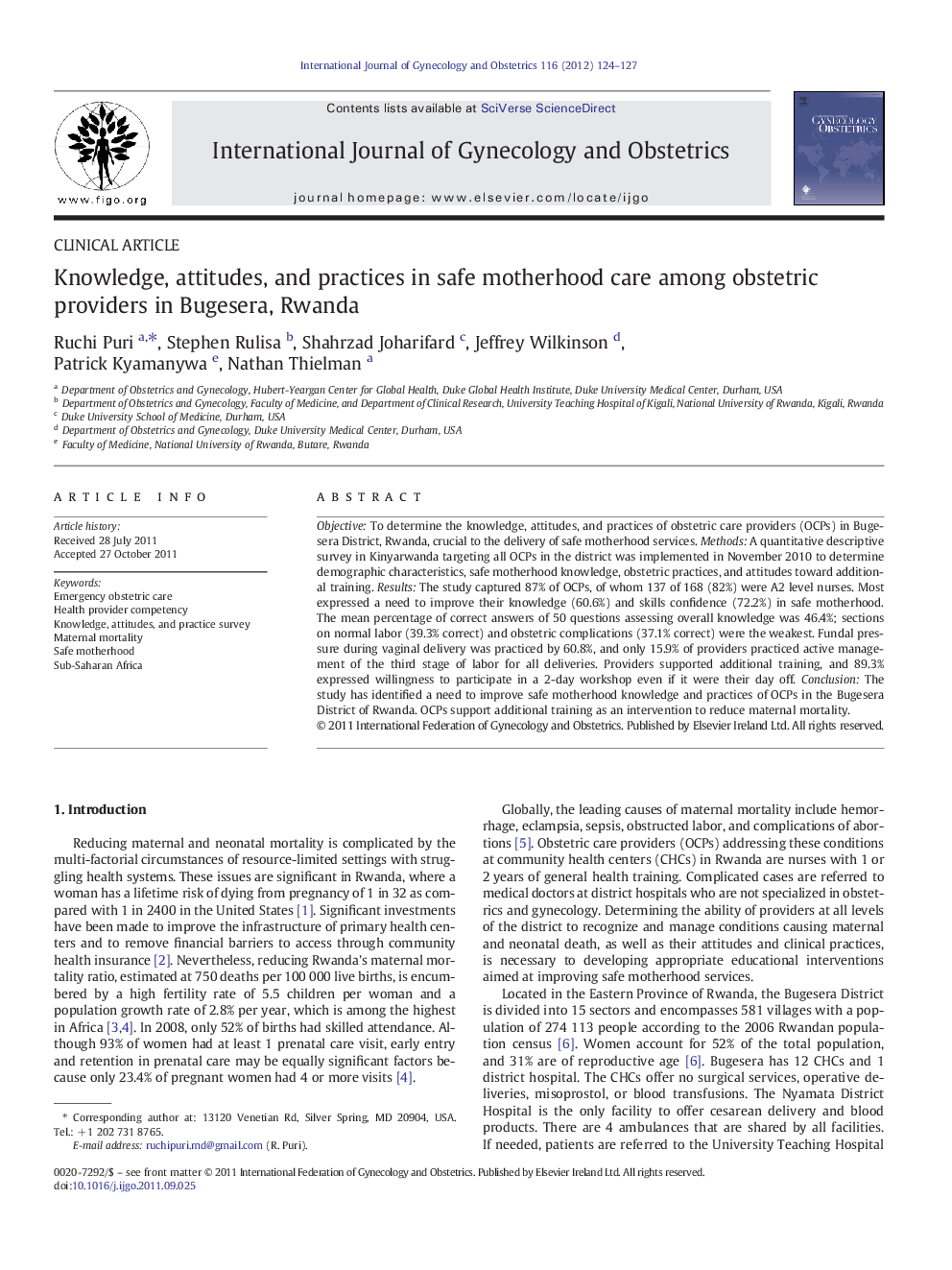 Knowledge, attitudes, and practices in safe motherhood care among obstetric providers in Bugesera, Rwanda