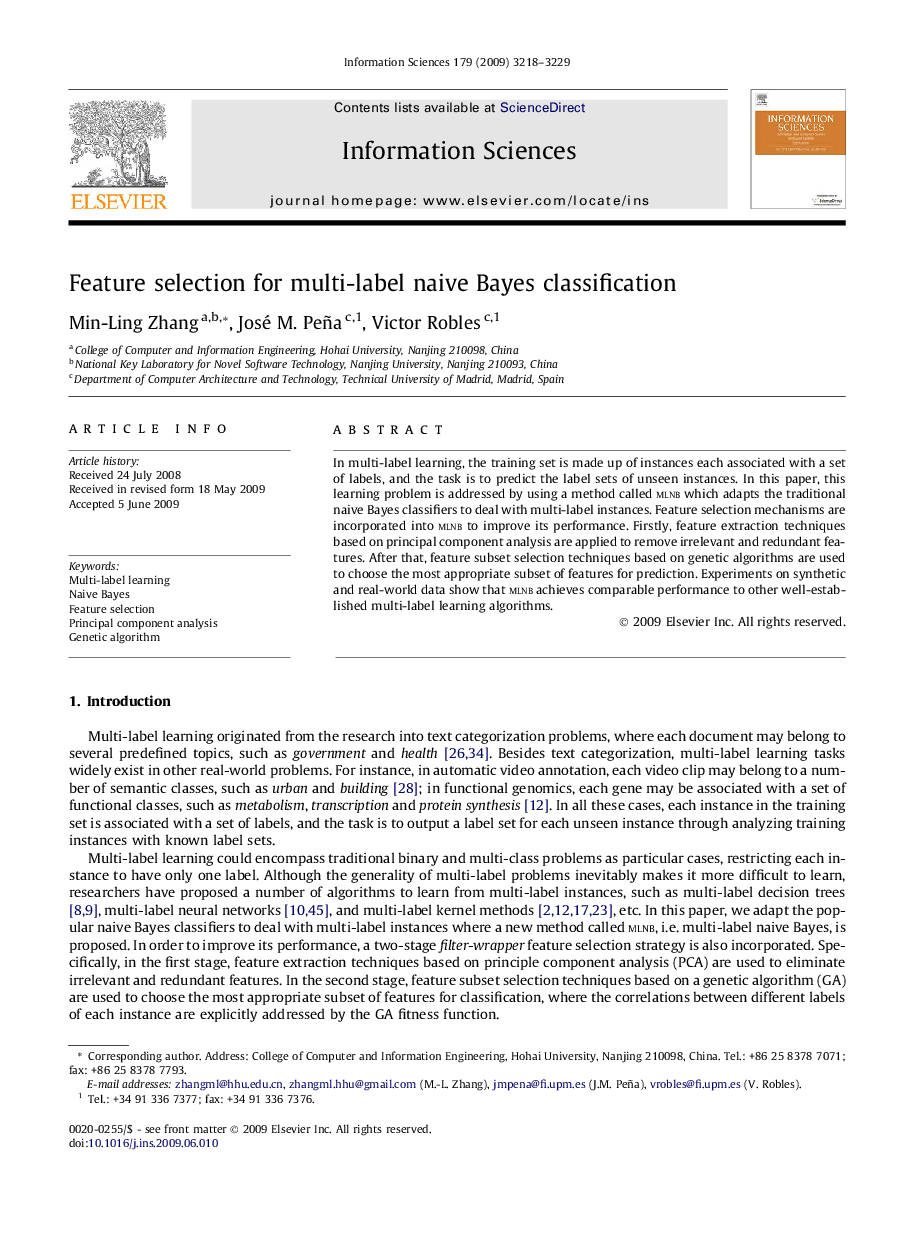 Feature selection for multi-label naive Bayes classification