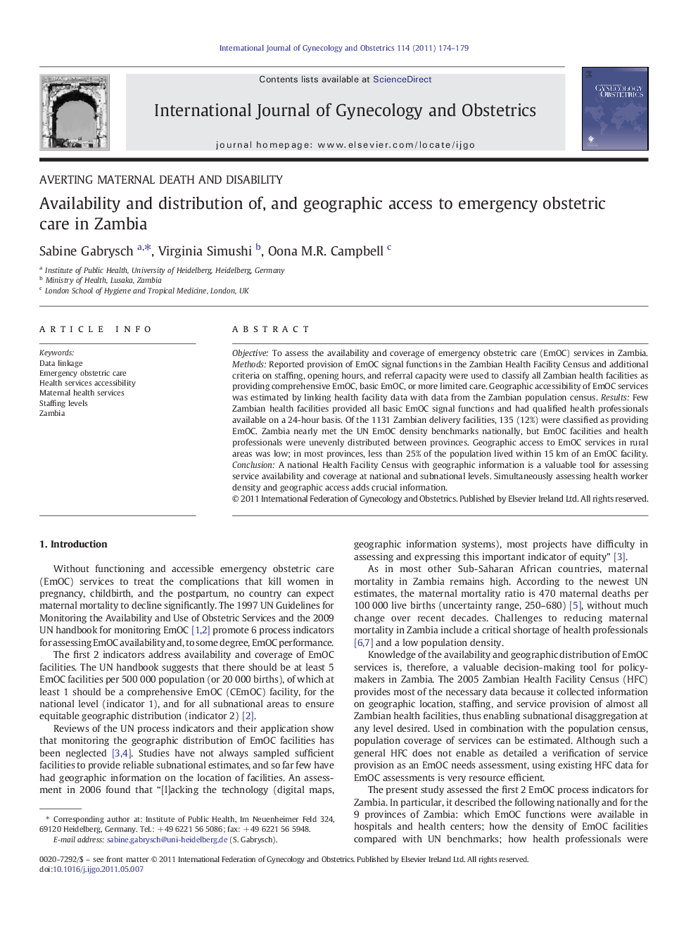 Availability and distribution of, and geographic access to emergency obstetric care in Zambia