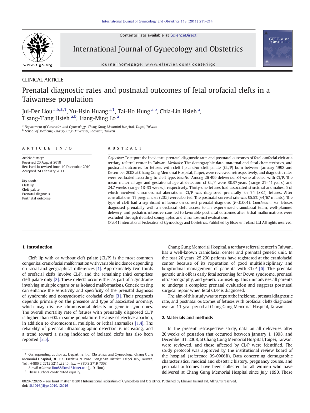 Prenatal diagnostic rates and postnatal outcomes of fetal orofacial clefts in a Taiwanese population