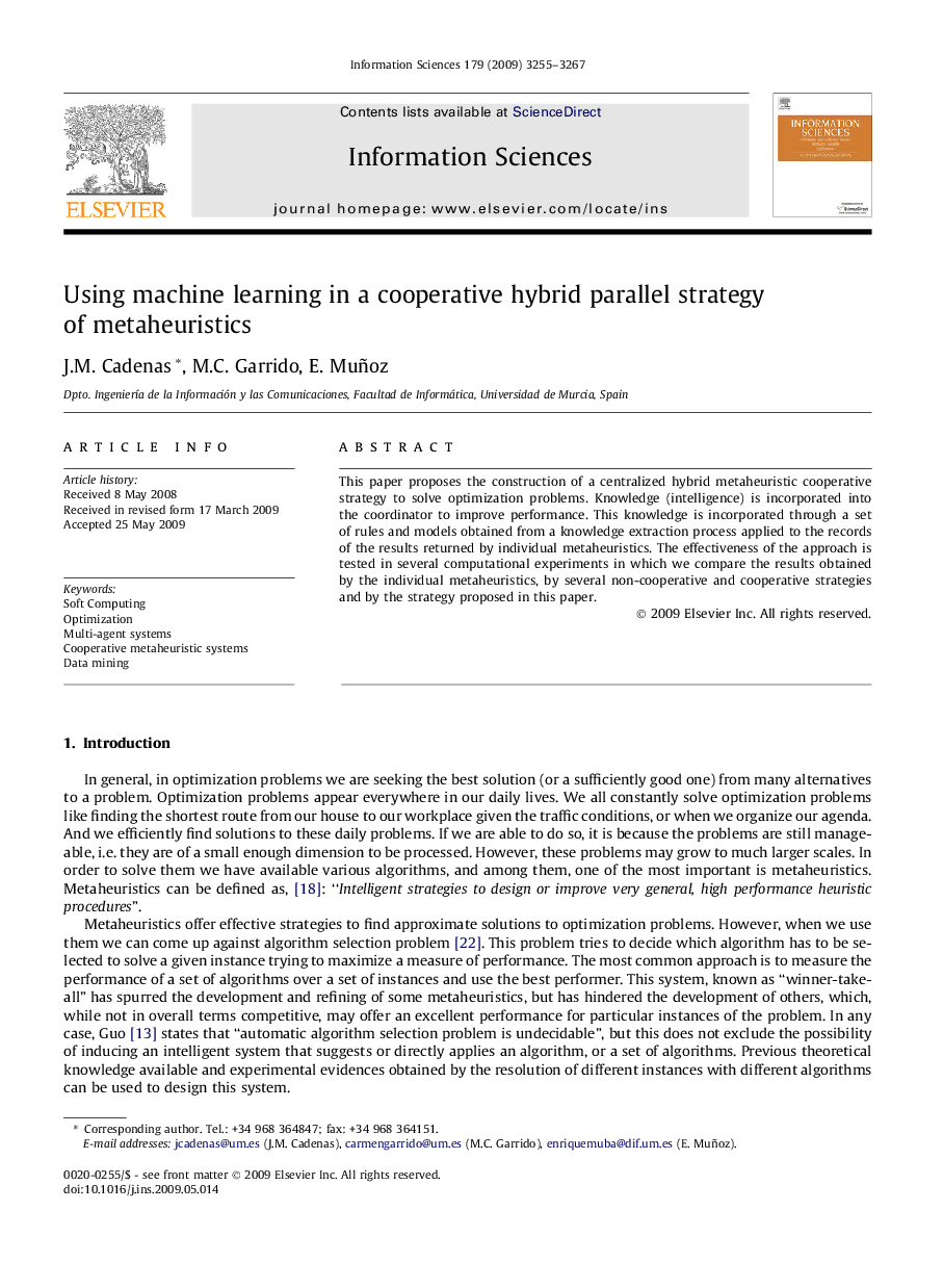 Using machine learning in a cooperative hybrid parallel strategy of metaheuristics