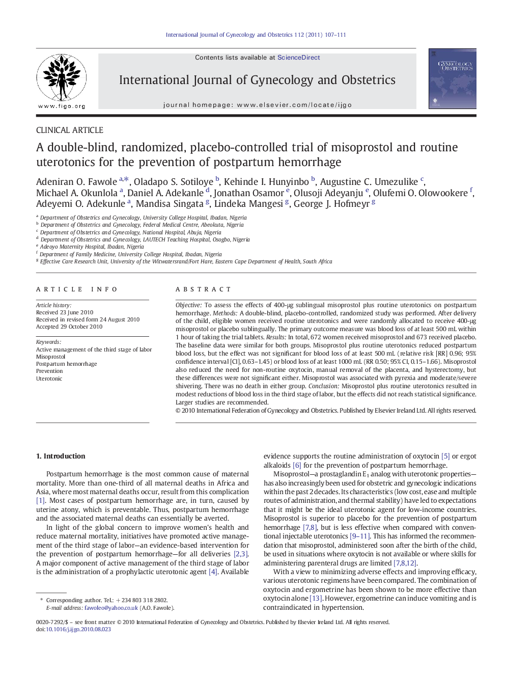 A double-blind, randomized, placebo-controlled trial of misoprostol and routine uterotonics for the prevention of postpartum hemorrhage