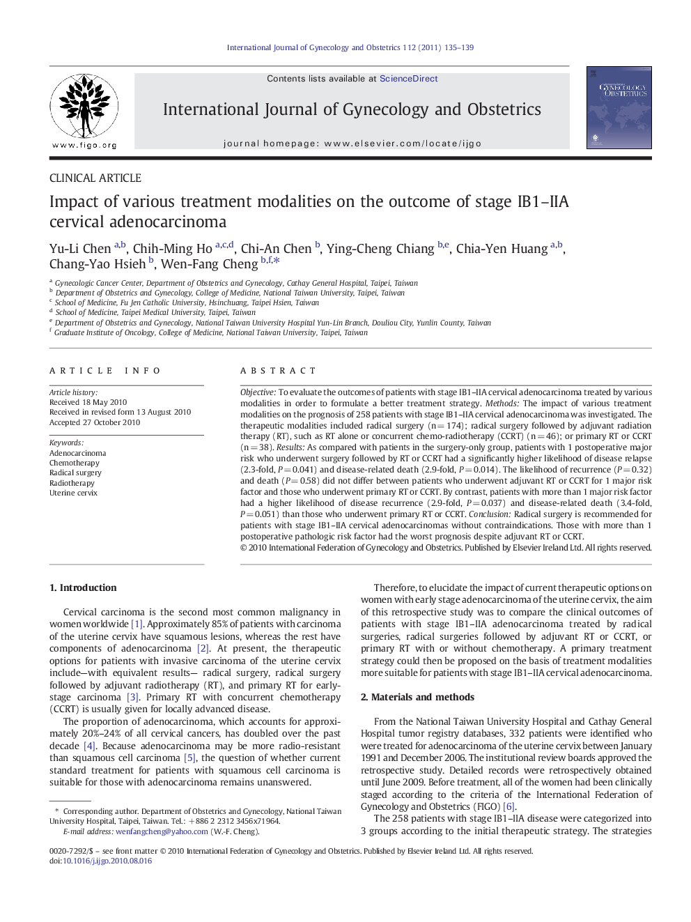 Impact of various treatment modalities on the outcome of stage IB1–IIA cervical adenocarcinoma