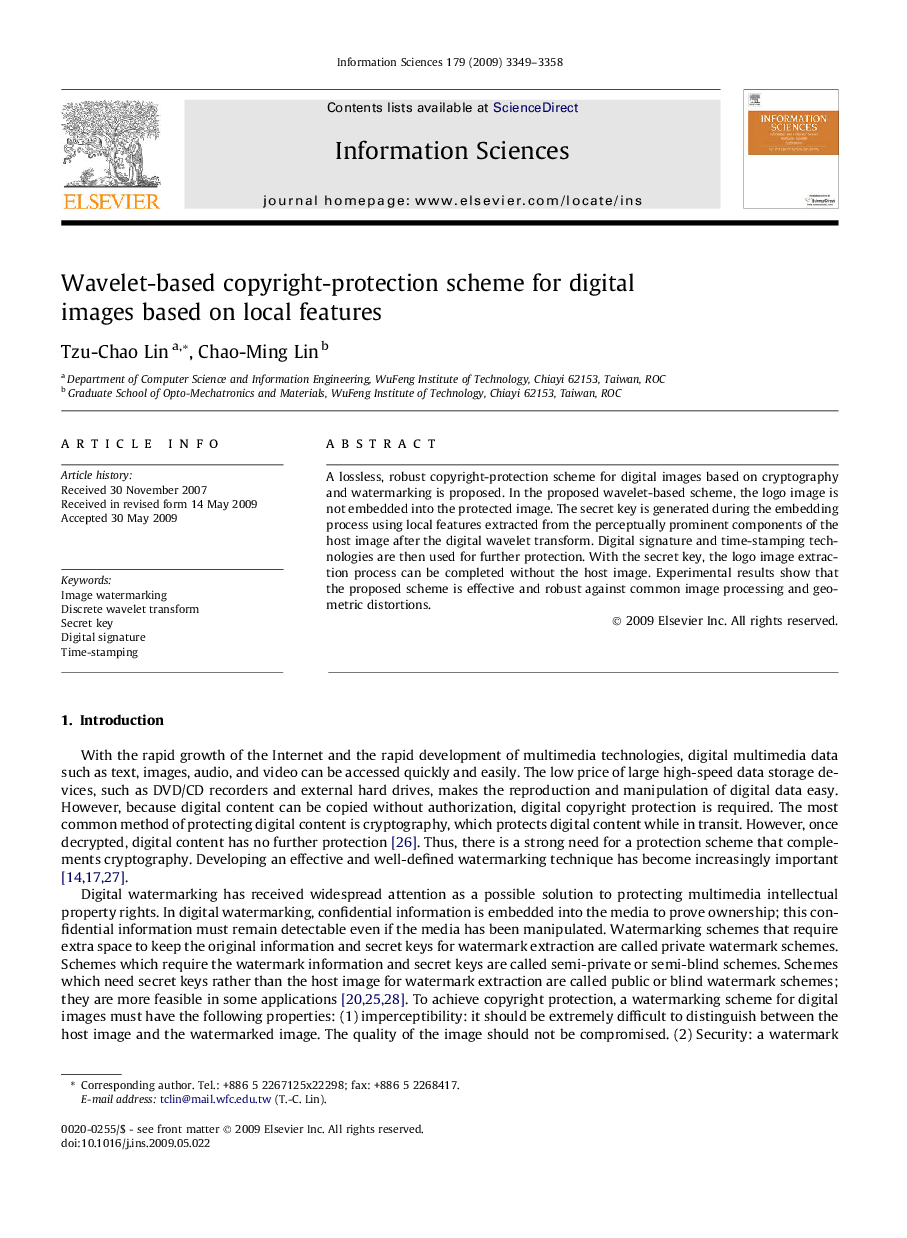 Wavelet-based copyright-protection scheme for digital images based on local features