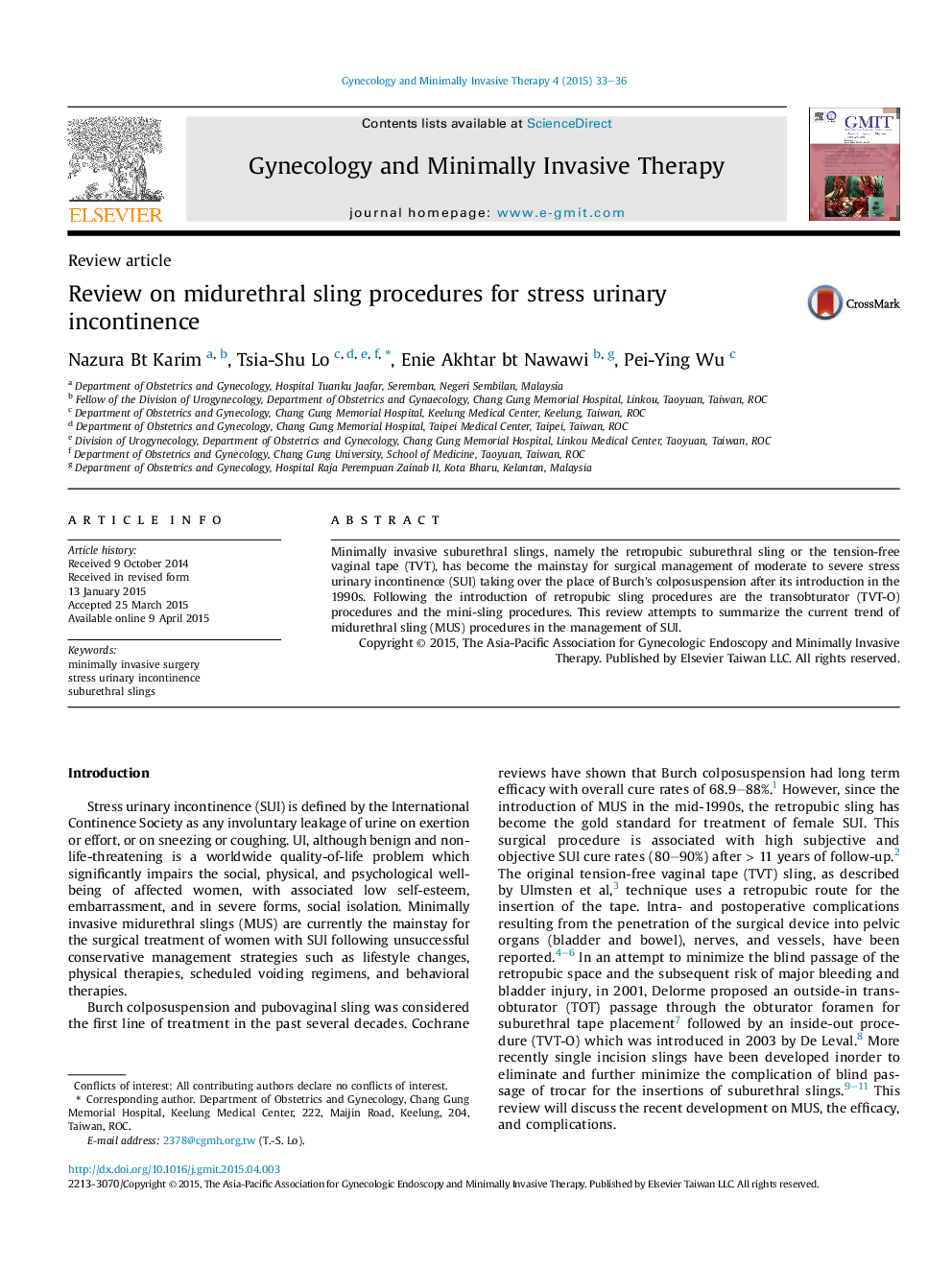 Review on midurethral sling procedures for stress urinary incontinence 