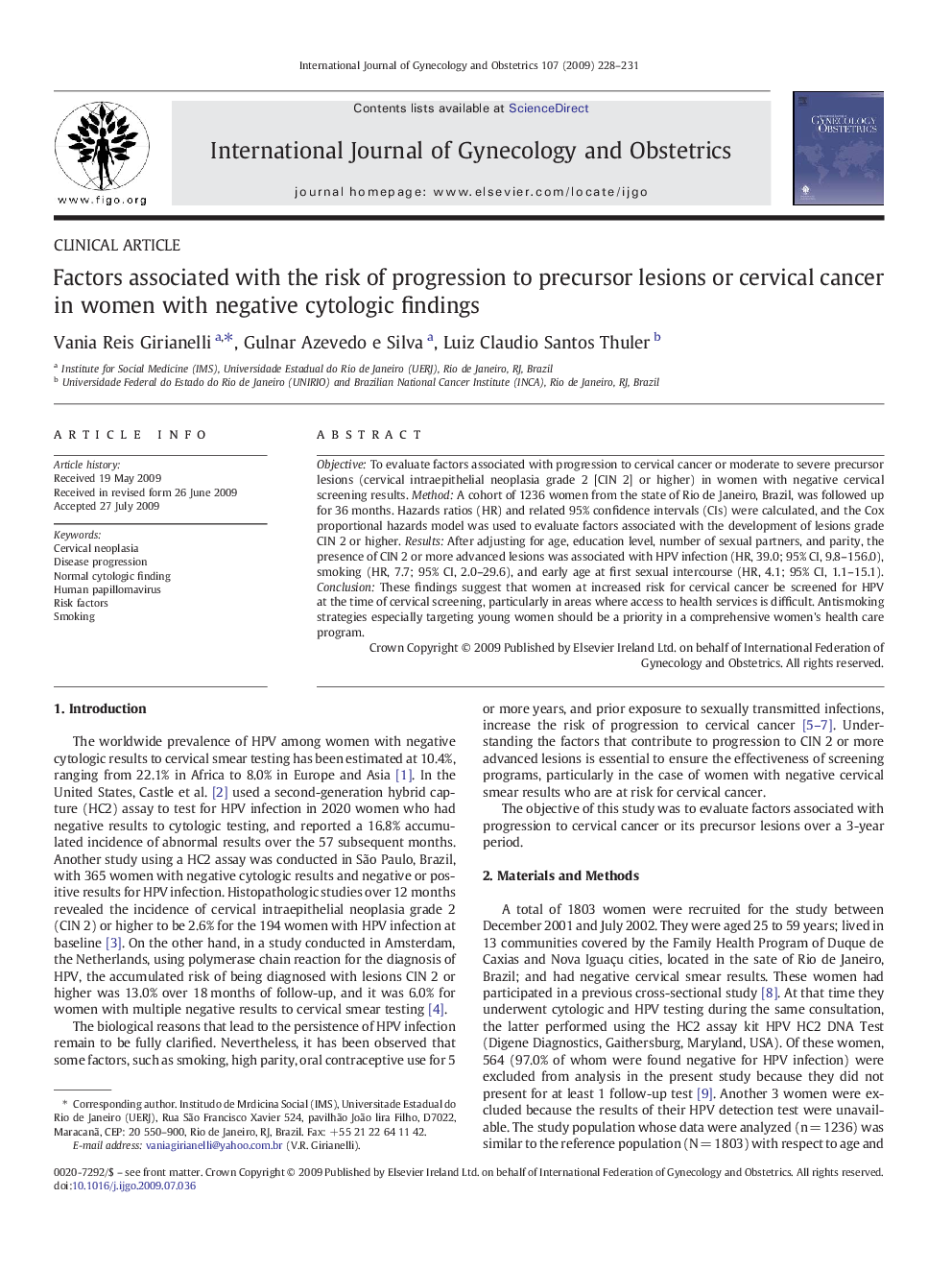 Factors associated with the risk of progression to precursor lesions or cervical cancer in women with negative cytologic findings