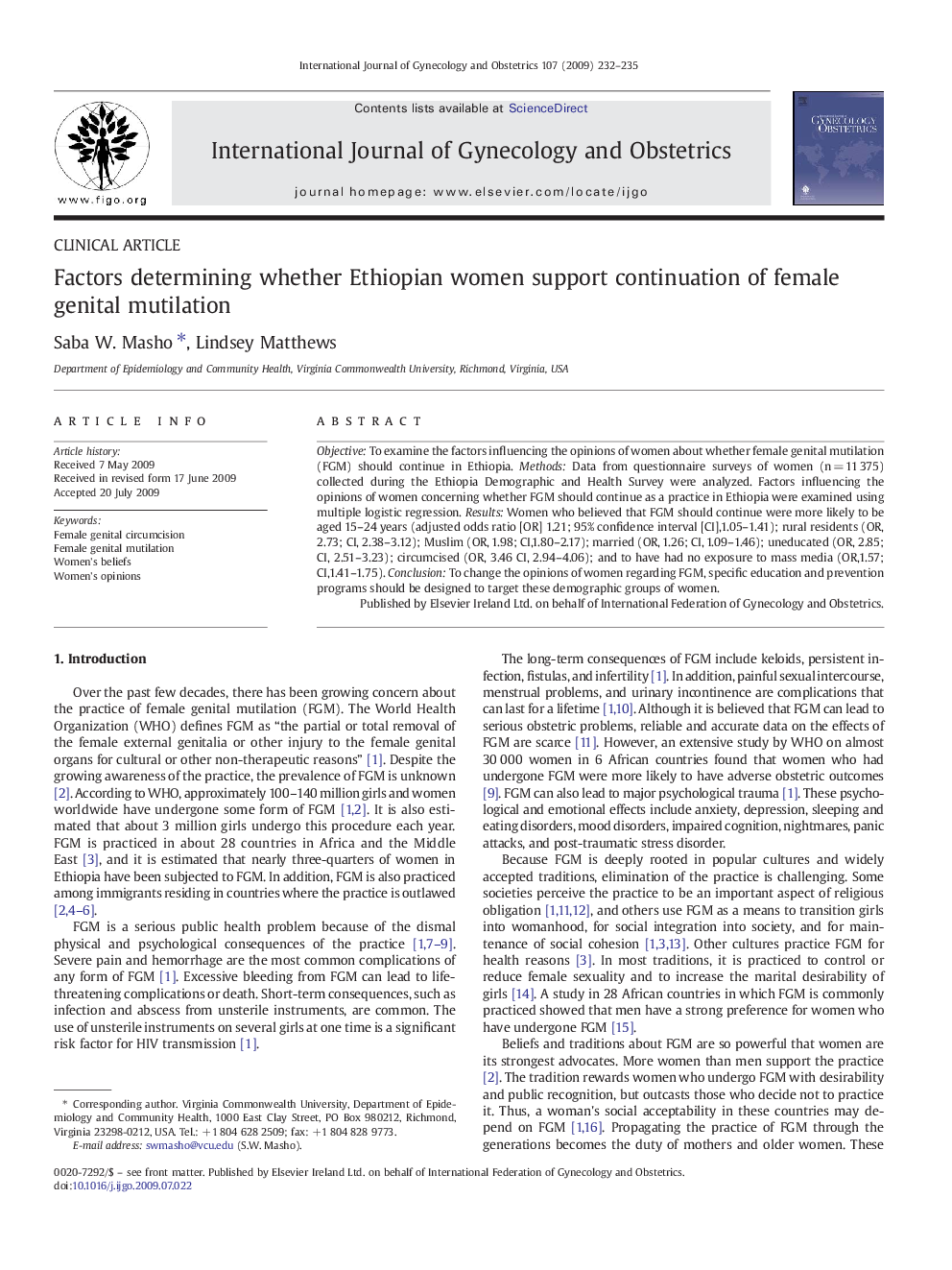 Factors determining whether Ethiopian women support continuation of female genital mutilation