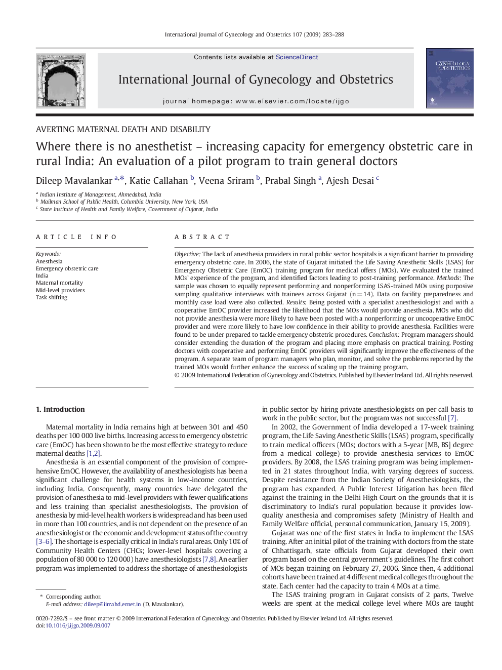 Where there is no anesthetist - increasing capacity for emergency obstetric care in rural India: An evaluation of a pilot program to train general doctors